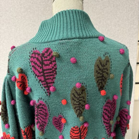 Farm Rio Monstera Hearts Intarsia-Knit Sweater Pom Poms Woman’s Medium - Picture 7 of 11